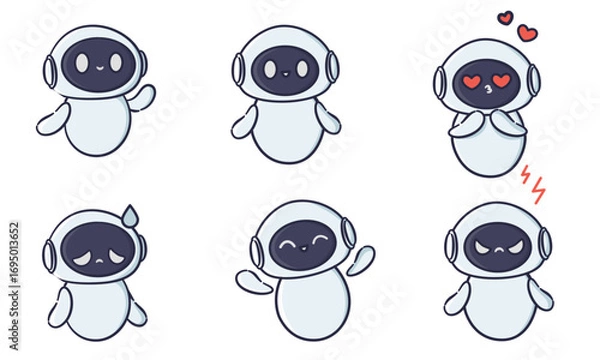 Fototapeta A set of vector illustrations in a simple, childlike style. A cute robot with different emotions and in different poses. Vector illustration