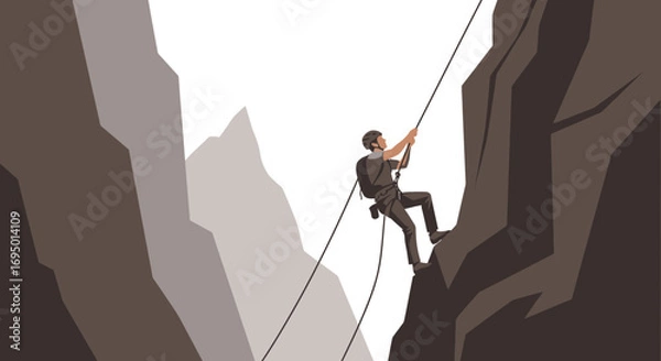Fototapeta Illustration of a mountain climber descending a sheer cliff using ropes for sport