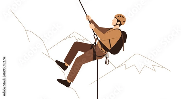 Obraz Illustration of a rock climber rappelling down a mountain against a white background