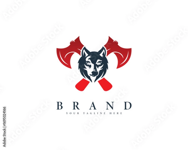 Fototapeta Ferocious wolf head emblem with crossed battle axes symbolic of strength power and danger