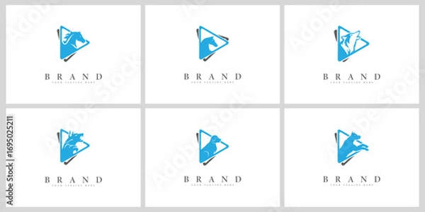 Fototapeta Set of six abstract animal logos with creative watercolor textures and stylized text