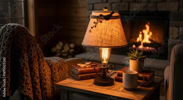 Fototapeta Cozy living room with a fireplace, a lamp, and a cup, creating a warm ambiance