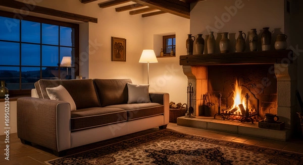 Fototapeta Cozy living room with a fireplace, a sofa, and a window at dusk for relaxation and comfort