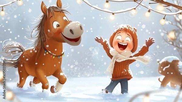 Fototapeta Joyful winter scene with a cartoon boy and a horse celebrating in the snow under festive lights
