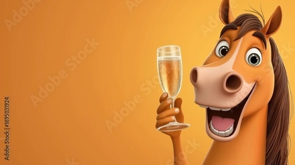 Fototapeta Cheerful horse enjoying a toast with sparkling drink against a warm orange backdrop at a celebration event