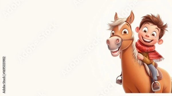 Fototapeta Child enjoying a ride on a cheerful horse with a warm smile in a bright and playful setting