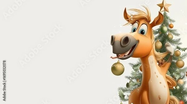 Fototapeta Joyful horse decorating a minimalist Christmas tree in a cheerful winter setting