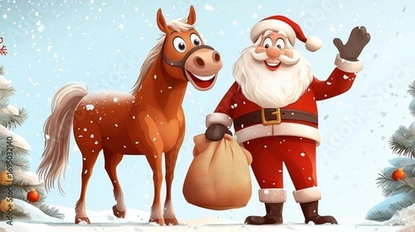 Fototapeta Cheerful Santa Claus and friendly horse spreading joy in a snowy landscape