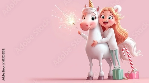 Fototapeta Cheerful girl riding a unicorn and celebrating joyfully with presents in a minimalist style