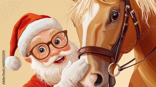 Fototapeta Santa Claus joyfully interacts with a horse in a minimalist vector illustration capturing holiday cheer