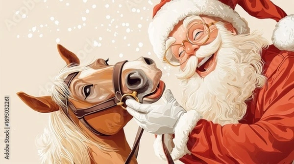 Fototapeta Minimalist vector illustration featuring Santa Claus interacting joyfully with a horse during the festive season