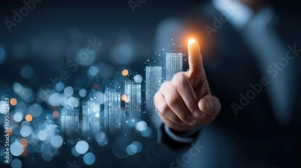 Fototapeta Achieving Success Through Growth Businessman Touches Cityscape with Digital Interface, Empowering Modern Entrepreneurship and Innovation.