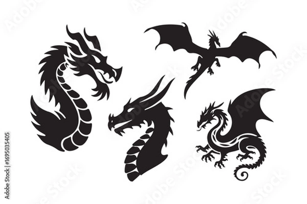 Obraz Collection of silhouetted dragon illustrations in various poses