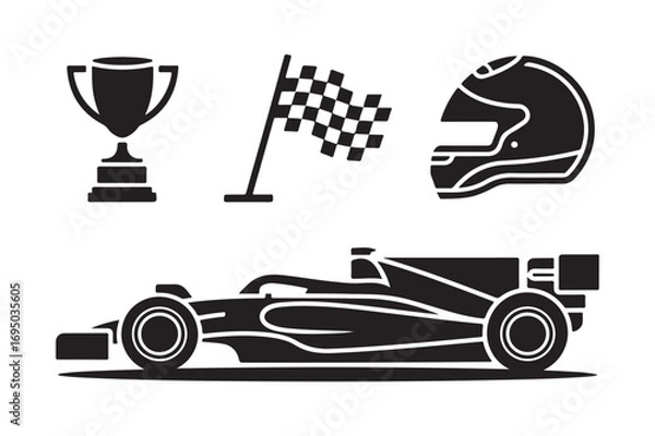 Obraz Racing icons formula 1 car trophy helmet and checkered flag