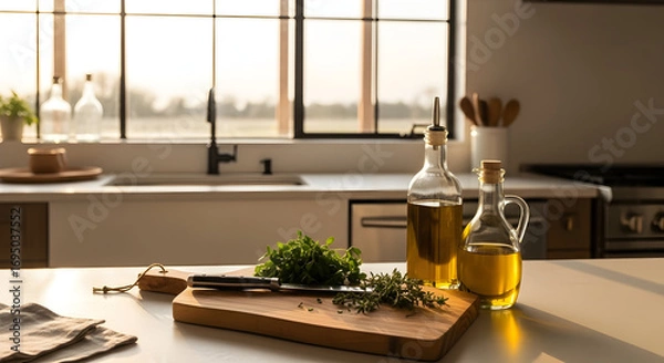 Fototapeta Culinary Scene: A Kitchen Window Frame View, Herbs, Oils, Knife, and Sunlight