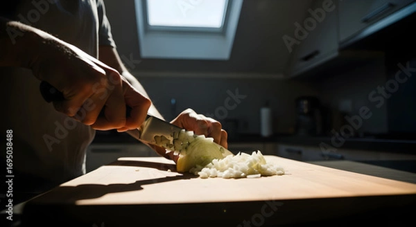 Fototapeta Cutting Onions with Precision in Bright Kitchen and Creating Fresh Culinary Delight