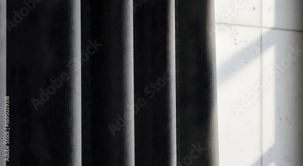 Fototapeta Dark Vertical Curtains In Front Of A Window Create Interesting Shadows And Patterns