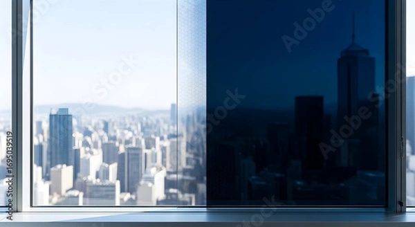 Fototapeta Daylight And Night View Cityscape Through Elevated Window With Dimmered Glass Pane