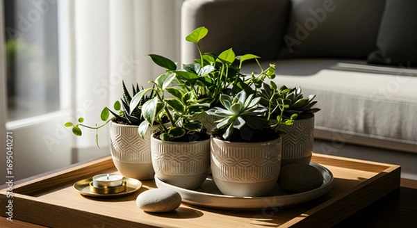 Fototapeta Decorated Pottery With Plants and Candle Sitting on a Table Near a Couch