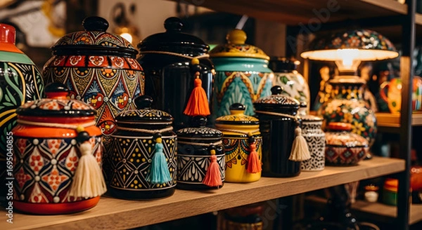 Fototapeta Decorative ceramic jars arranged on wooden shelves showcasing colorful patterns and designs