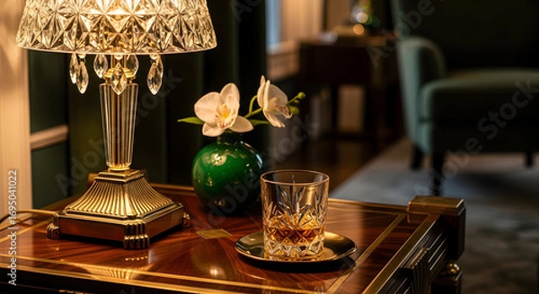 Fototapeta Decorative Crystal Lamp And Whiskey Glass Displayed Elegantly On An Wooden Table