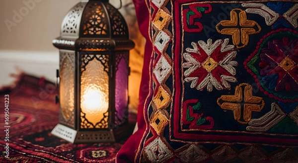 Fototapeta Decorative Lantern and Embroidered Pillow Creating a Cozy and Cultural Ambiance Atmosphere