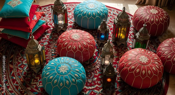 Fototapeta Decorative Lanterns And Poufs In A Vibrant Setting, Illustrating Serene Home Comfort