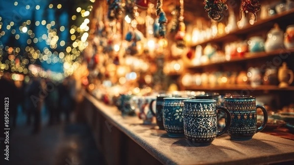 Fototapeta Row of colorful ceramic mugs on a counter at a Christmas market with festive bokeh lights. Holiday season, winter fair.