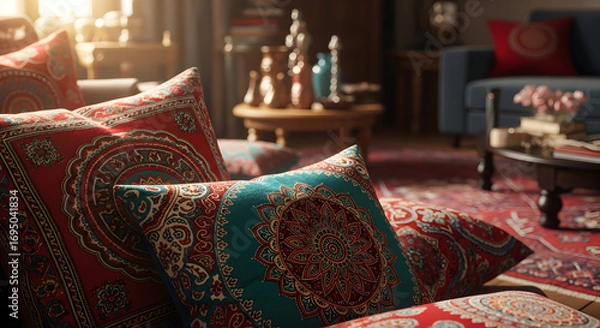 Fototapeta Decorative Pillows Create Cozy Ambience in Sumptuous Living Room with Ornamental Patterns