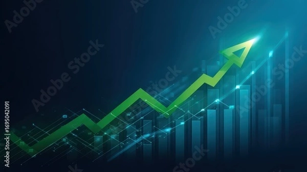 Fototapeta Vibrant Green Arrow Graph Soaring on Blue Background Ideal for Uplifting Marketing and Trend Analysis Projects, Evoking Optimism and Growth.
