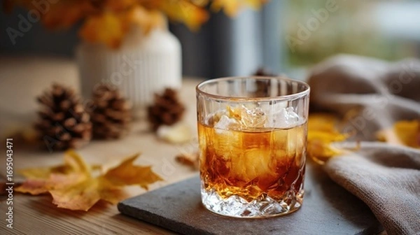Fototapeta Close up of a whiskey glass with ice and an autumn theme setting. An elegant drink for fall gatherings and celebrations.