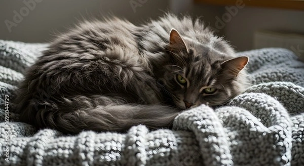 Fototapeta Gray tabby cat curled up on a knitted blanket looking at the camera with green eyes so cute and fluffy