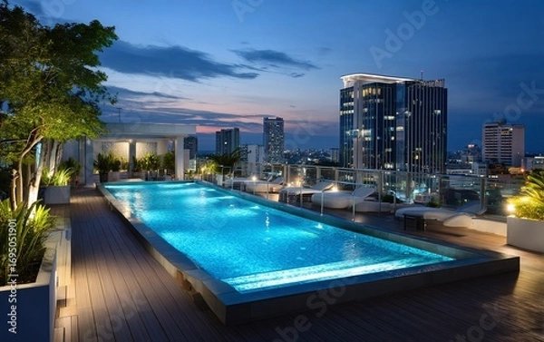Fototapeta Serene rooftop pool overlooking a cityscape at twilight, perfect for luxury hotel or apartment branding.