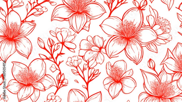 Fototapeta Red and white seamless patterns background with flowers sakura.  Botanic tropical wallpaper with daisies flower and leaves. 
