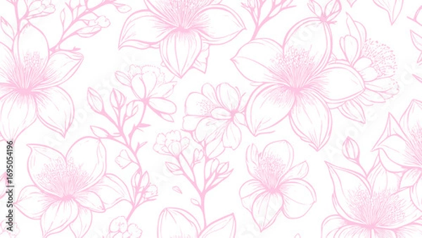 Fototapeta Pink and white seamless patterns background with flowers sakura.  Botanic tropical wallpaper with daisies flower and leaves. 