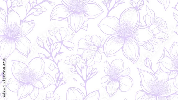 Fototapeta Purple and white seamless patterns background with flowers sakura.  Botanic tropical wallpaper with daisies flower and leaves. 