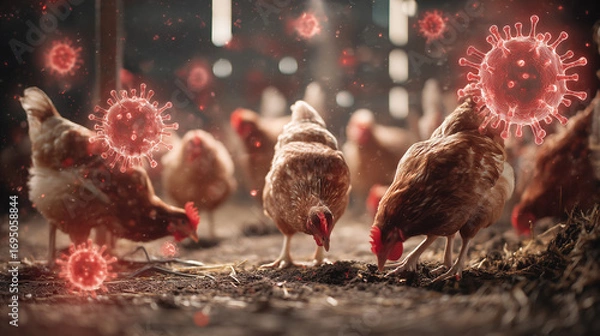 Fototapeta Hens in a Coop Surrounded by Red Virus Particles Concept of Bird Flu or Animal Disease