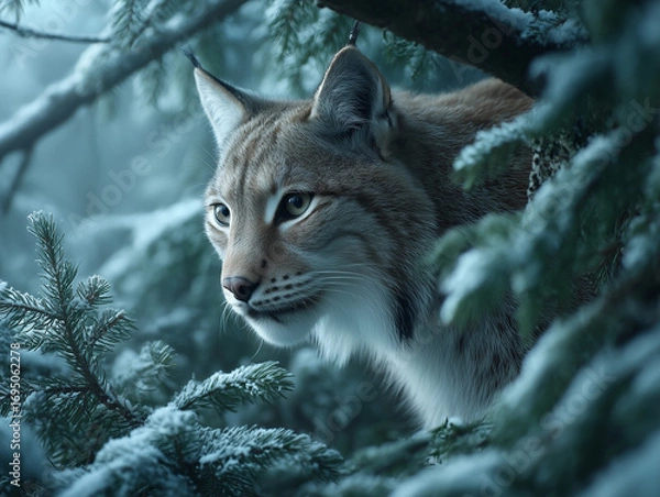 Fototapeta Lynx Hidden in Snowy Forest Shadows