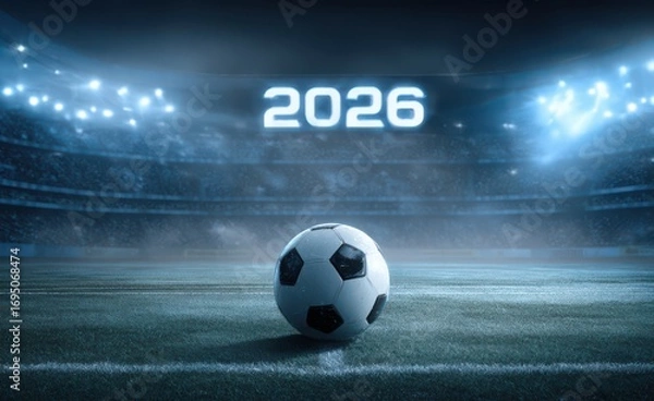 Fototapeta soccer ball on the field of stadium with text "2026"