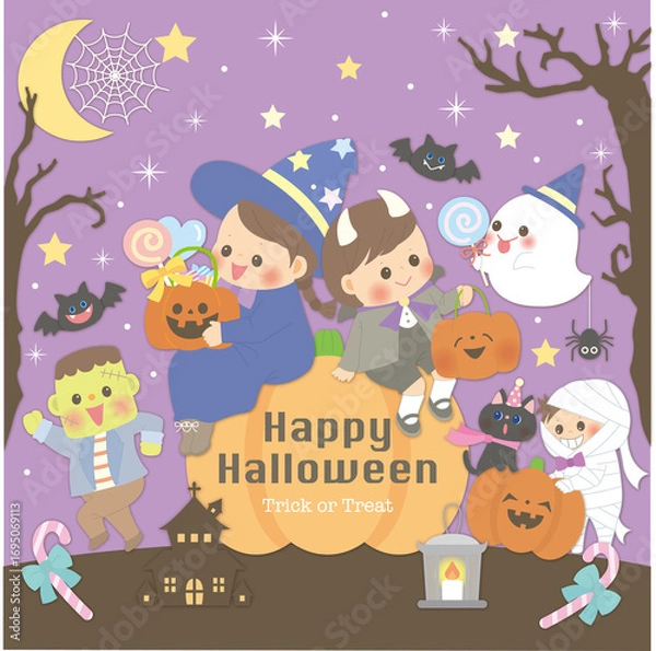Obraz ハロウィン かぼちゃ の上の 子供たち とおばけ