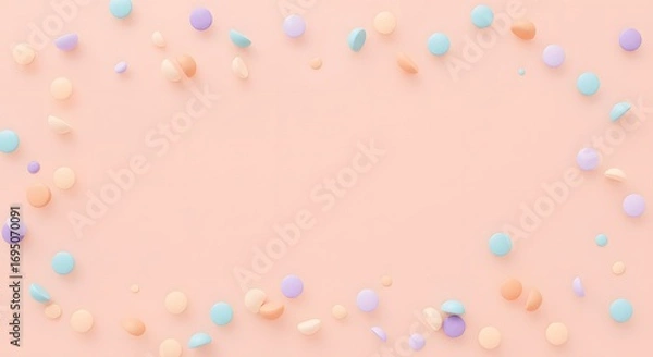 Fototapeta Pastel colored candies scattered on a light peach background forming an oval frame shape design space