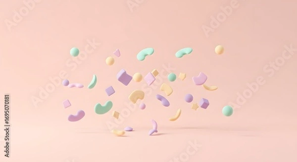 Fototapeta Pastel colored geometric shapes floating against a soft pink background in a studio setting