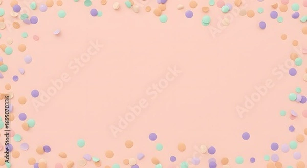 Fototapeta Pastel confetti dots framing a light peach background providing copy space for text or graphic elements