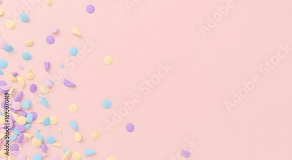 Fototapeta Pastel confetti scattered on a light pink background creating a festive and celebratory scene