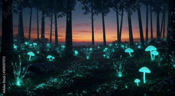 Fototapeta Glowing mushrooms illuminate a forest at twilight creating a magical and ethereal atmosphere seen at night