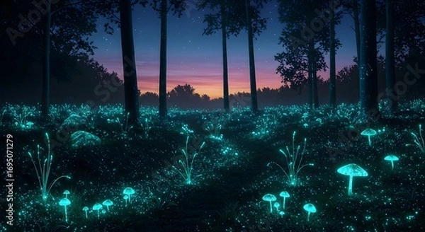 Fototapeta A forest at night filled with glowing mushrooms and plants under a colorful starry sky horizon view