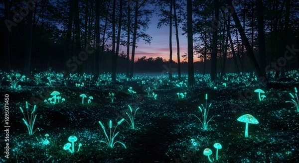 Fototapeta Glowing mushrooms and plants illuminate a dark forest at twilight creating a magical scene look 100