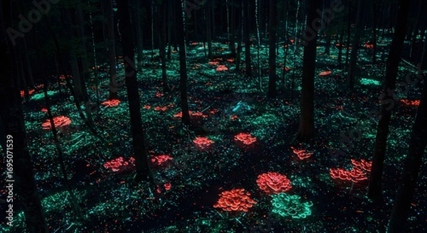 Fototapeta Glowing mushrooms and foliage illuminate a dark forest floor with tall trees at night time scene view