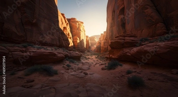Fototapeta A view looking through a canyon with rock walls and a sandy ground with the sun shining in the distance