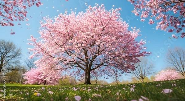 Fototapeta Blossoming cherry tree stands in a field of green grass under a clear blue sky in spring time